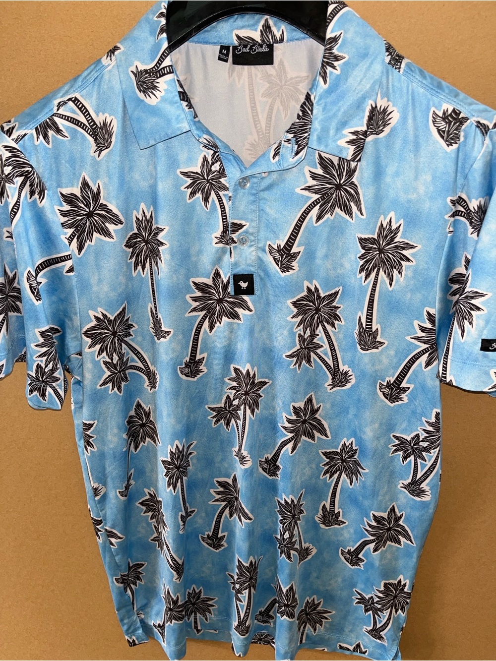 Bad Birdie Mens M Polo Shirt Blue Black Palm Tree Print Performance Stretch Nice